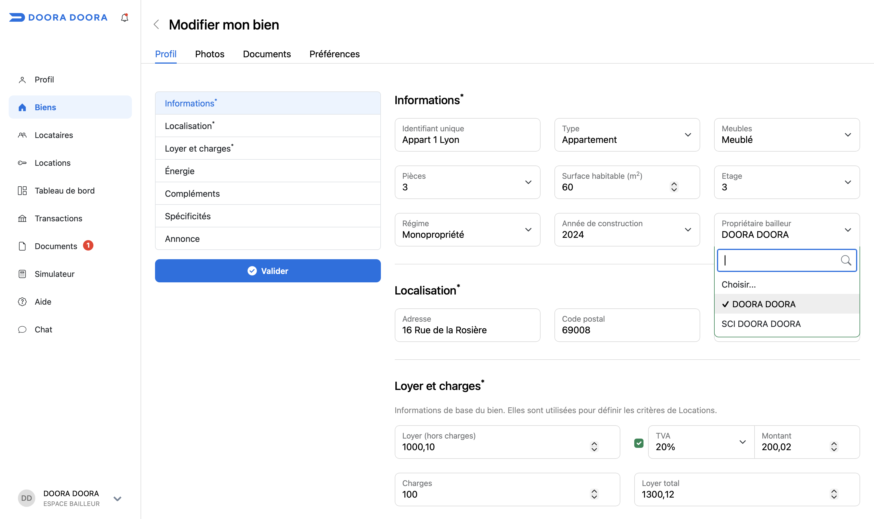 modifier proprietaire bailleur DOORA DOORA