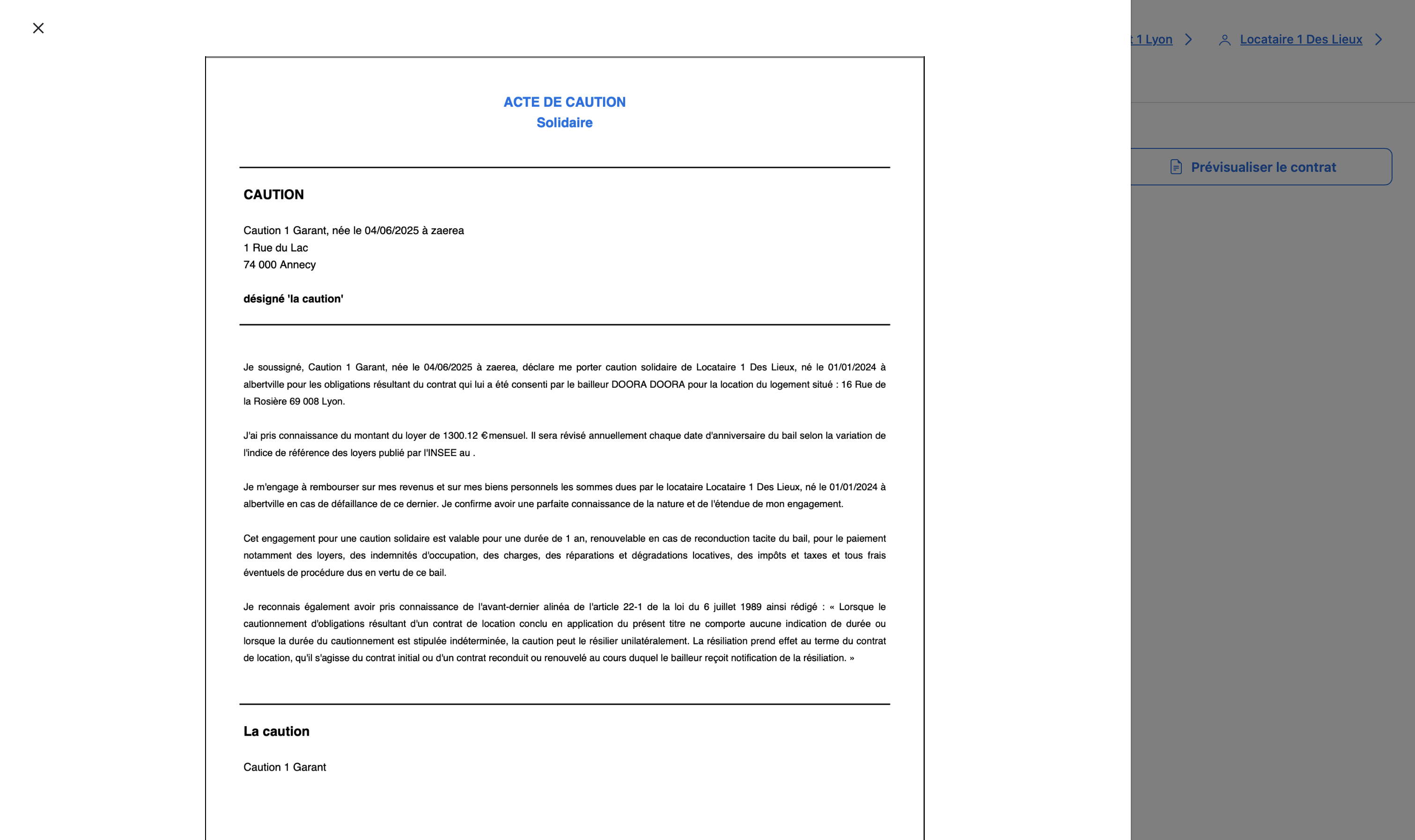 prévisualisation acte de caution DOORA DOORA