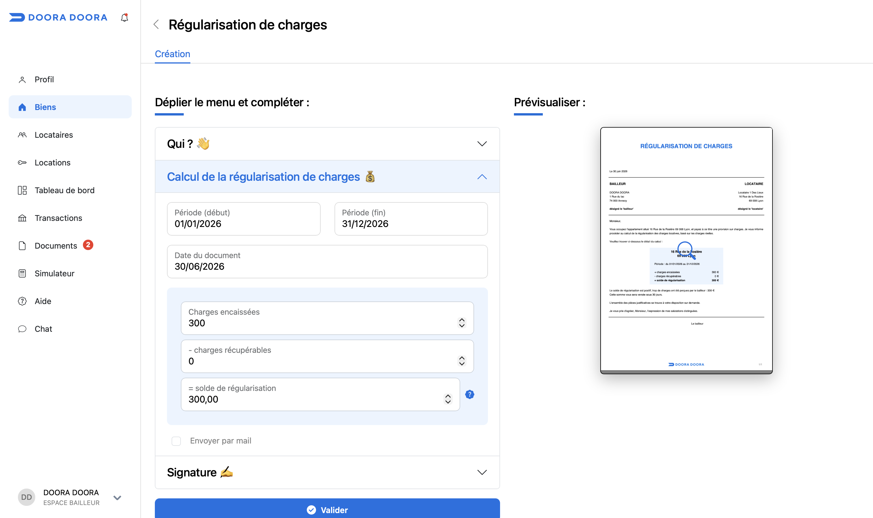 calcul régularisation de charges DOORA DOORA