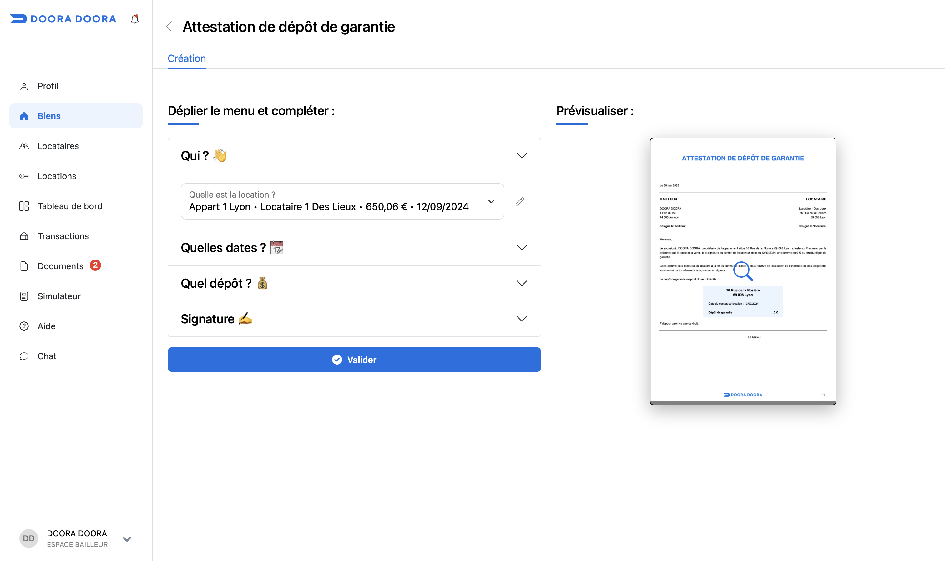 attestation de dépôt de garantie DOORA DOORA