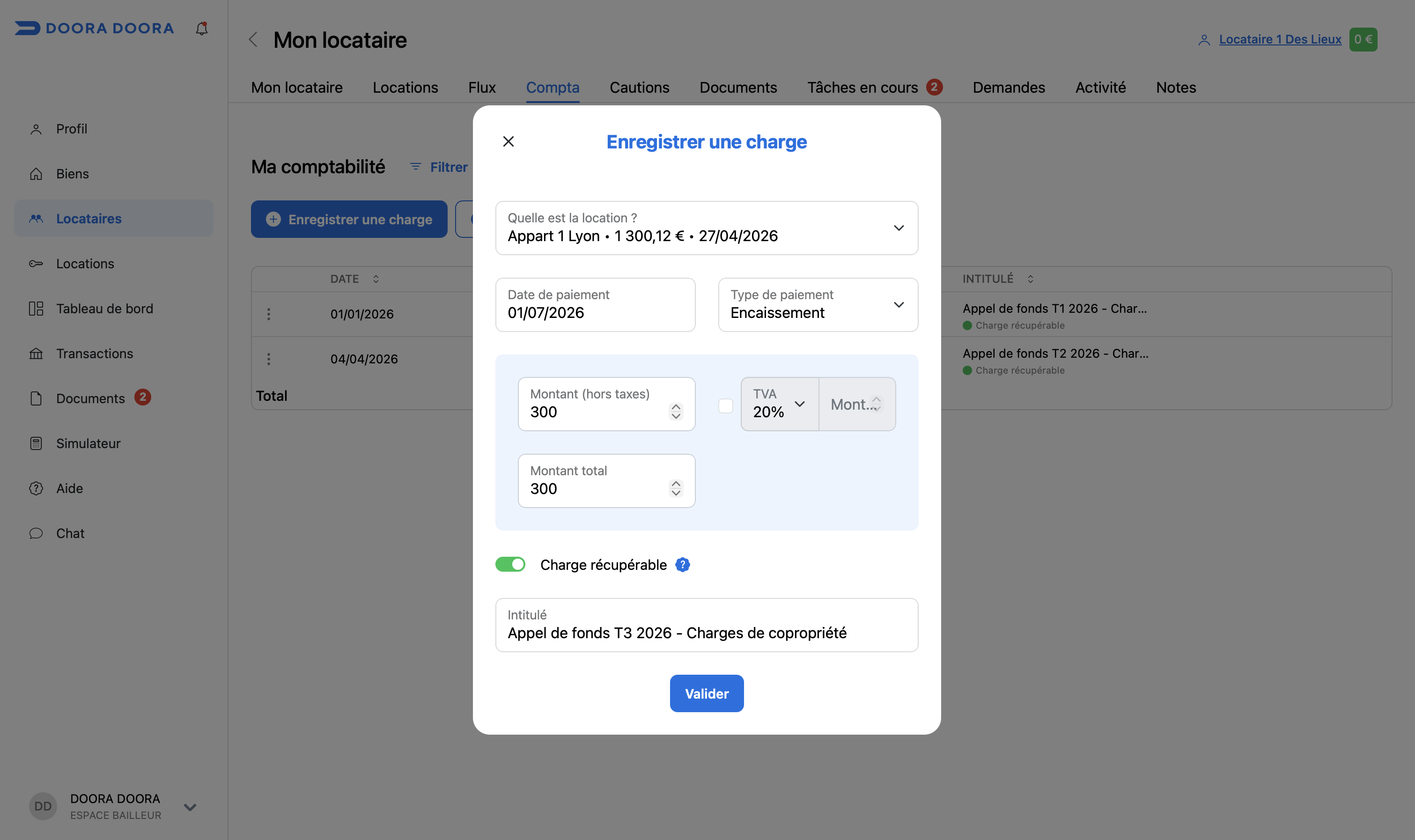 enregistrer une charge DOORA DOORA