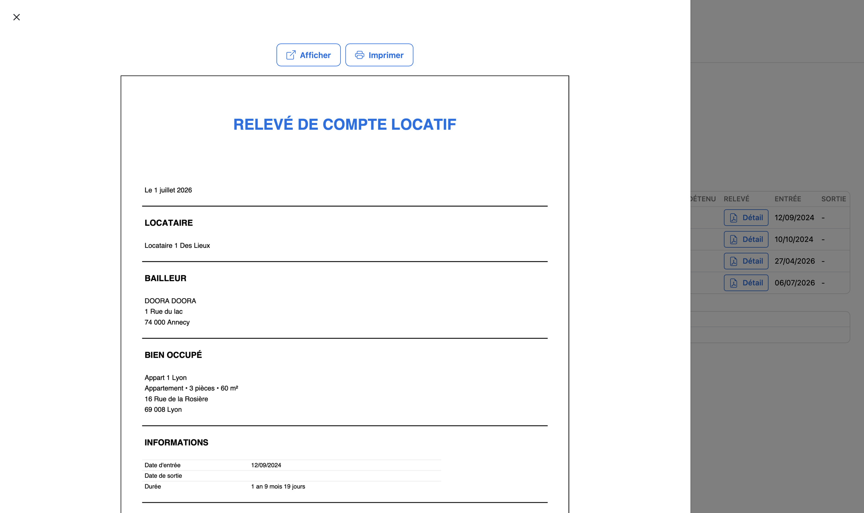 prévisualisation relevé de compte locatif DOORA DOORA