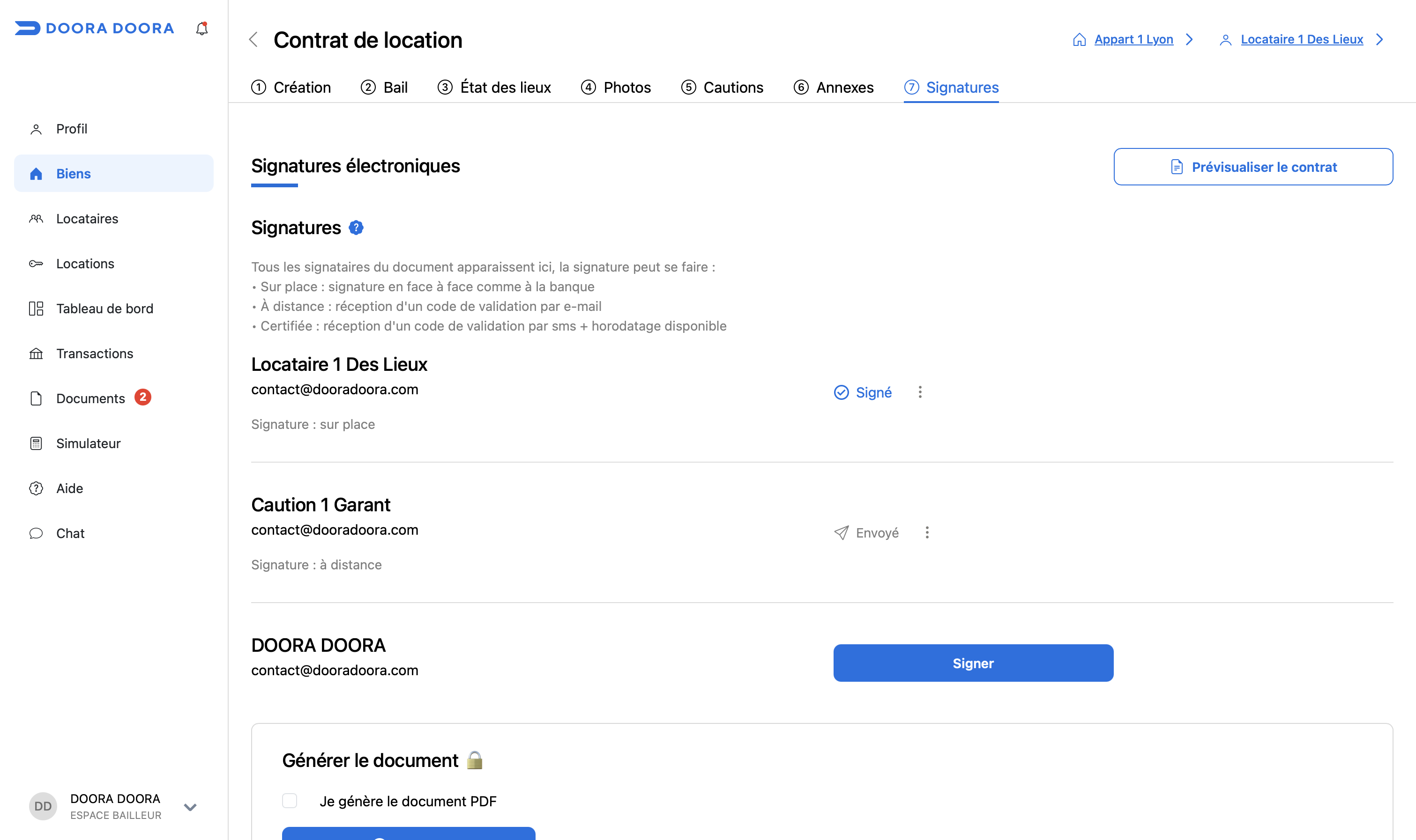avancement signatures contrat de location DOORA DOORA
